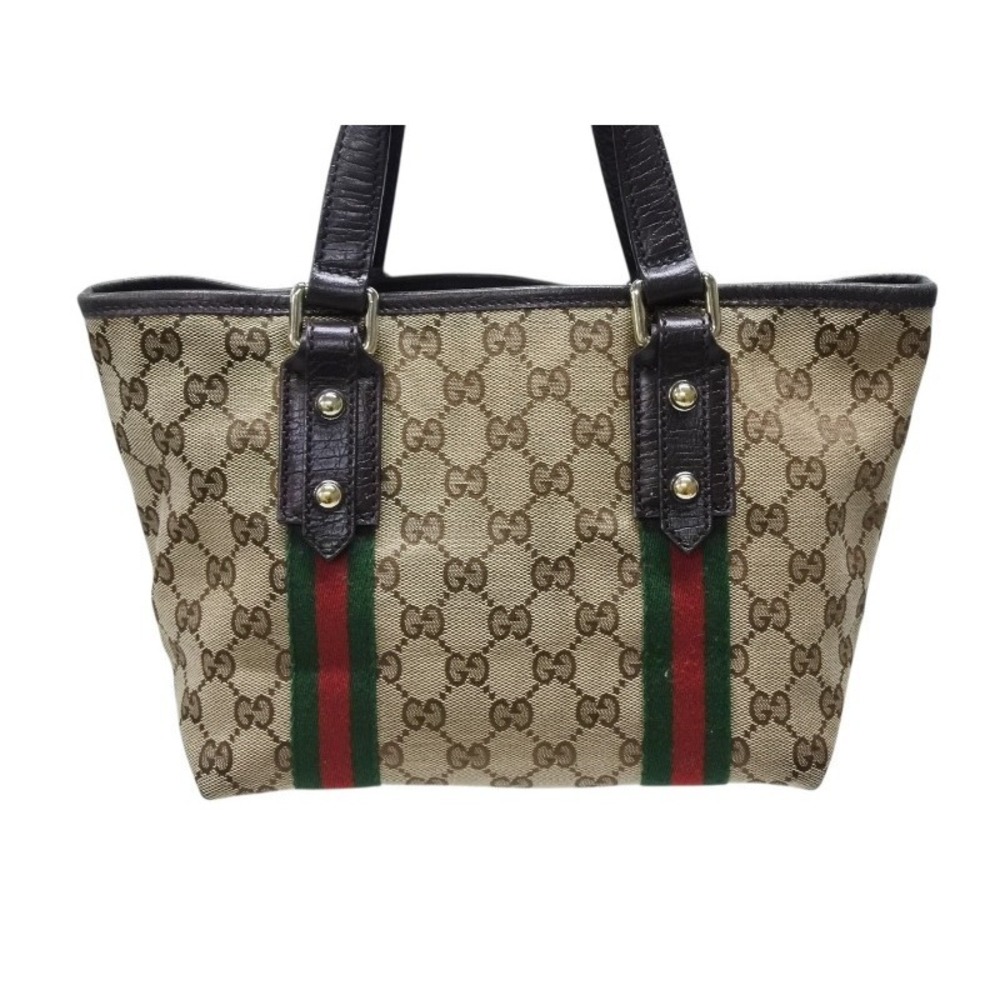 Gucci Leather Beige Green Tan Canvas Red GG Handbag Line Sherry - Picture 3 of 9